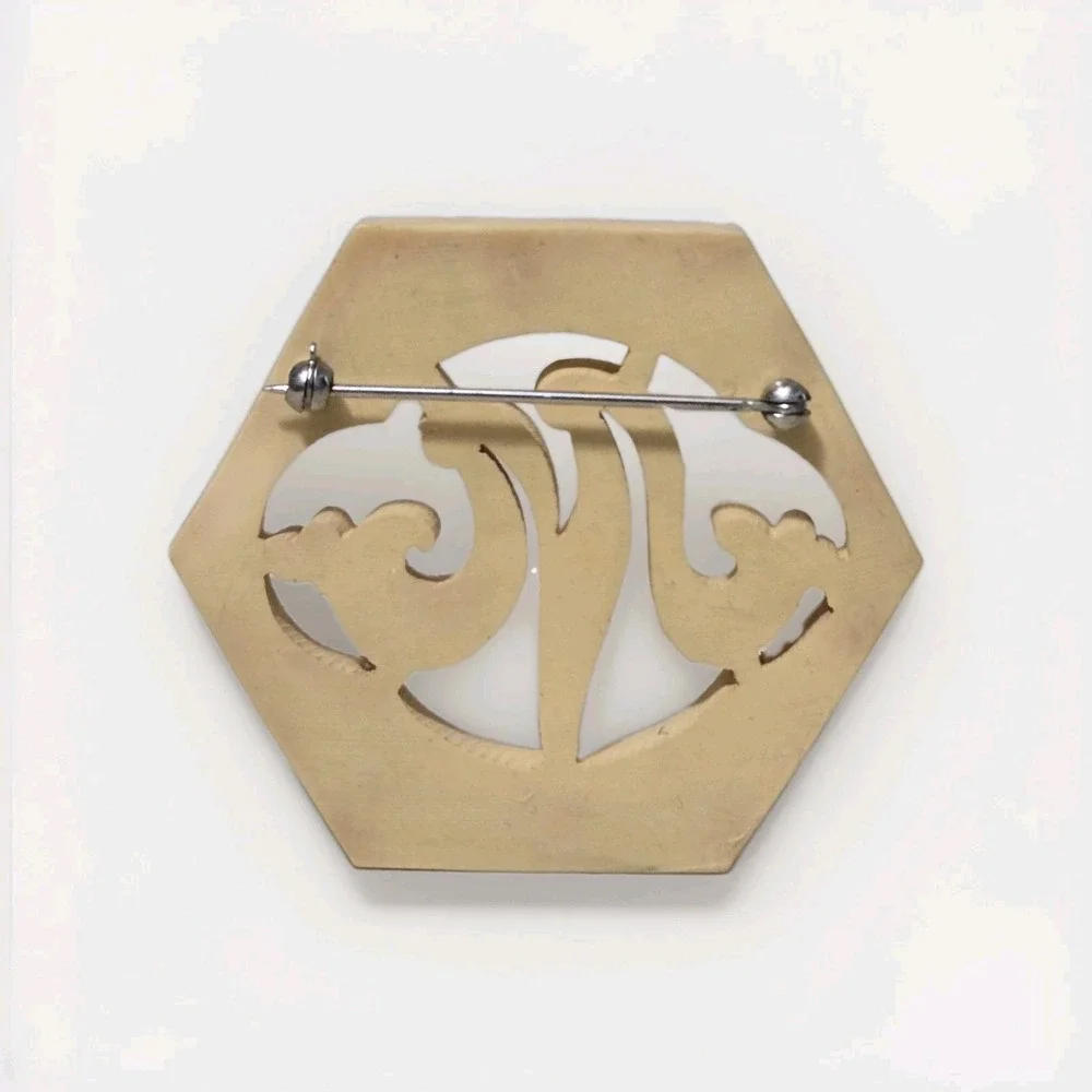 Vintage Bakelite Monogram Custard Brooch Open Work Carved  Art Deco